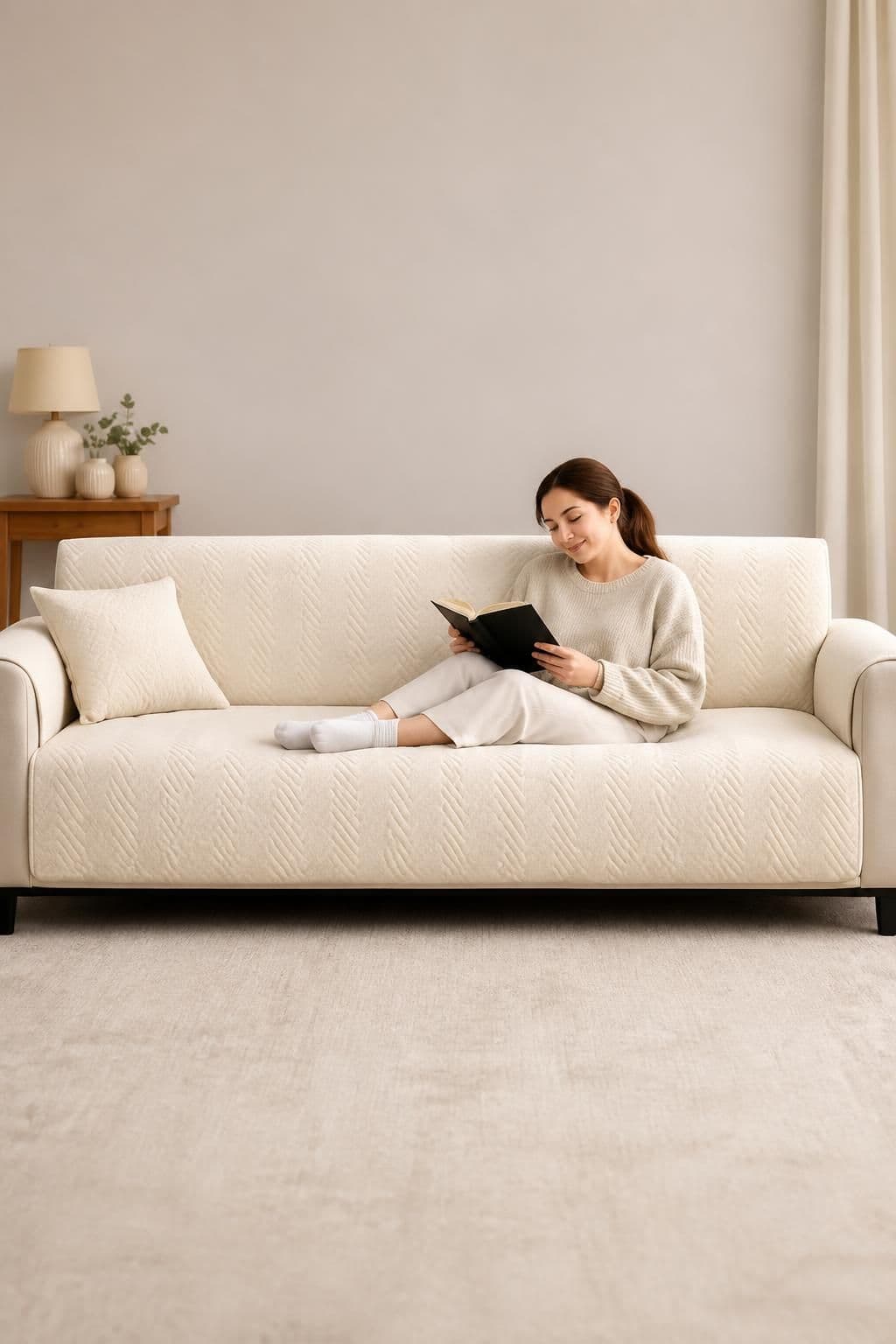 A woman reading a book on a cream sofa dressed in a textured quilted cover, with a matching cushion